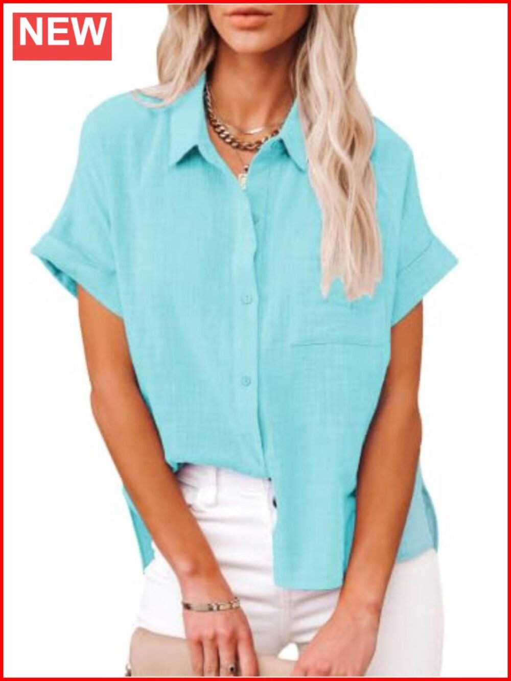 Womens 100% Cotton Button Down Short Sleeve Blouse Casual Summer Top with Pocket